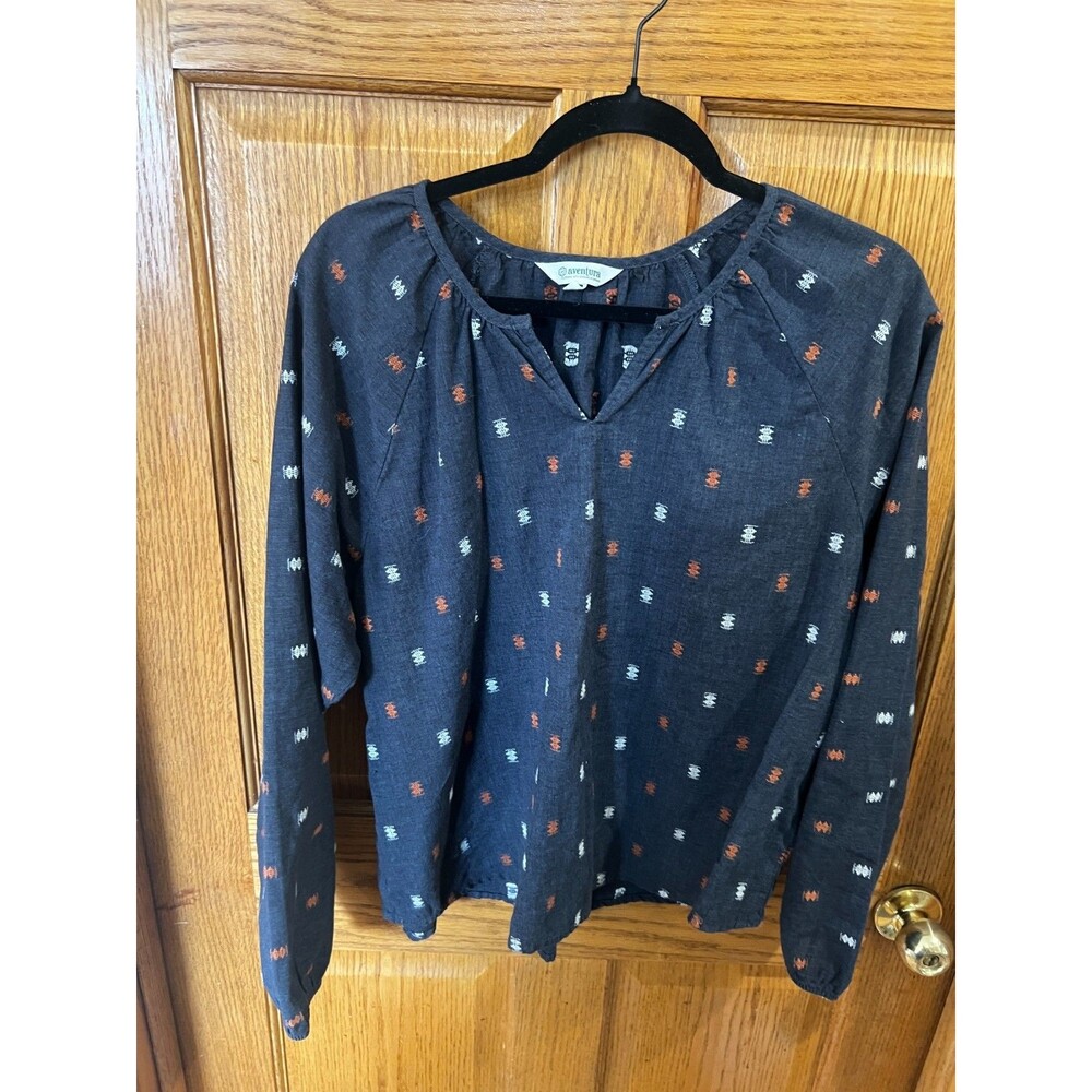 Aventura Print Long Sleeve Navy Blouse Women's Size Large Boho Sustainable